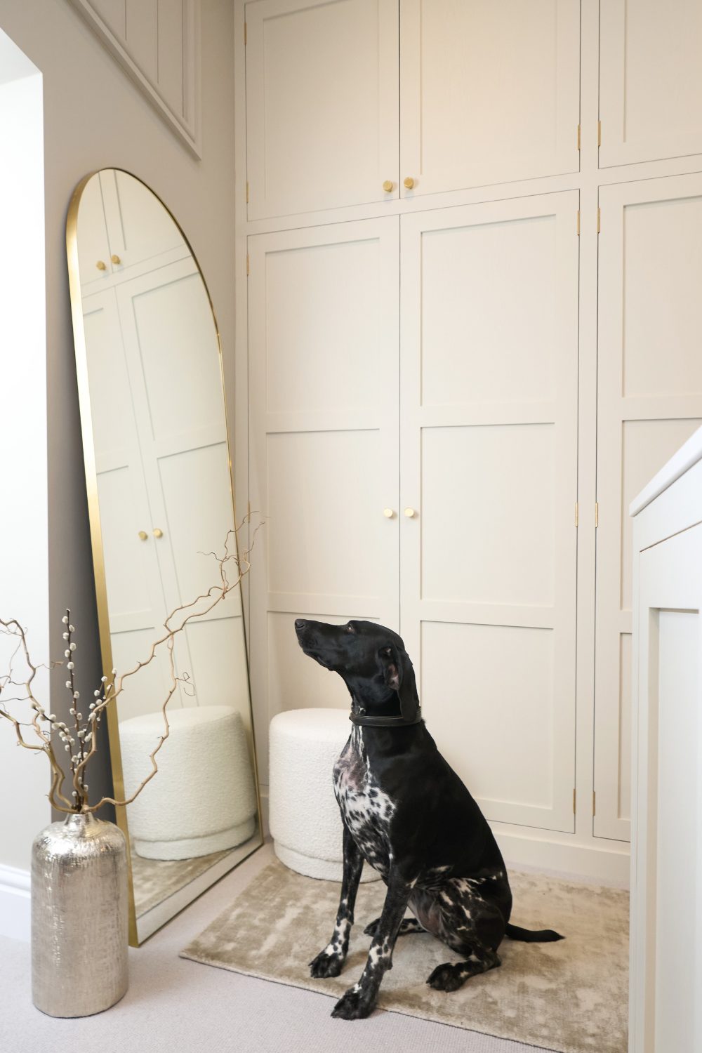 White panelled doors with a gold mirror and silver vase propped against them, watched by a black dog