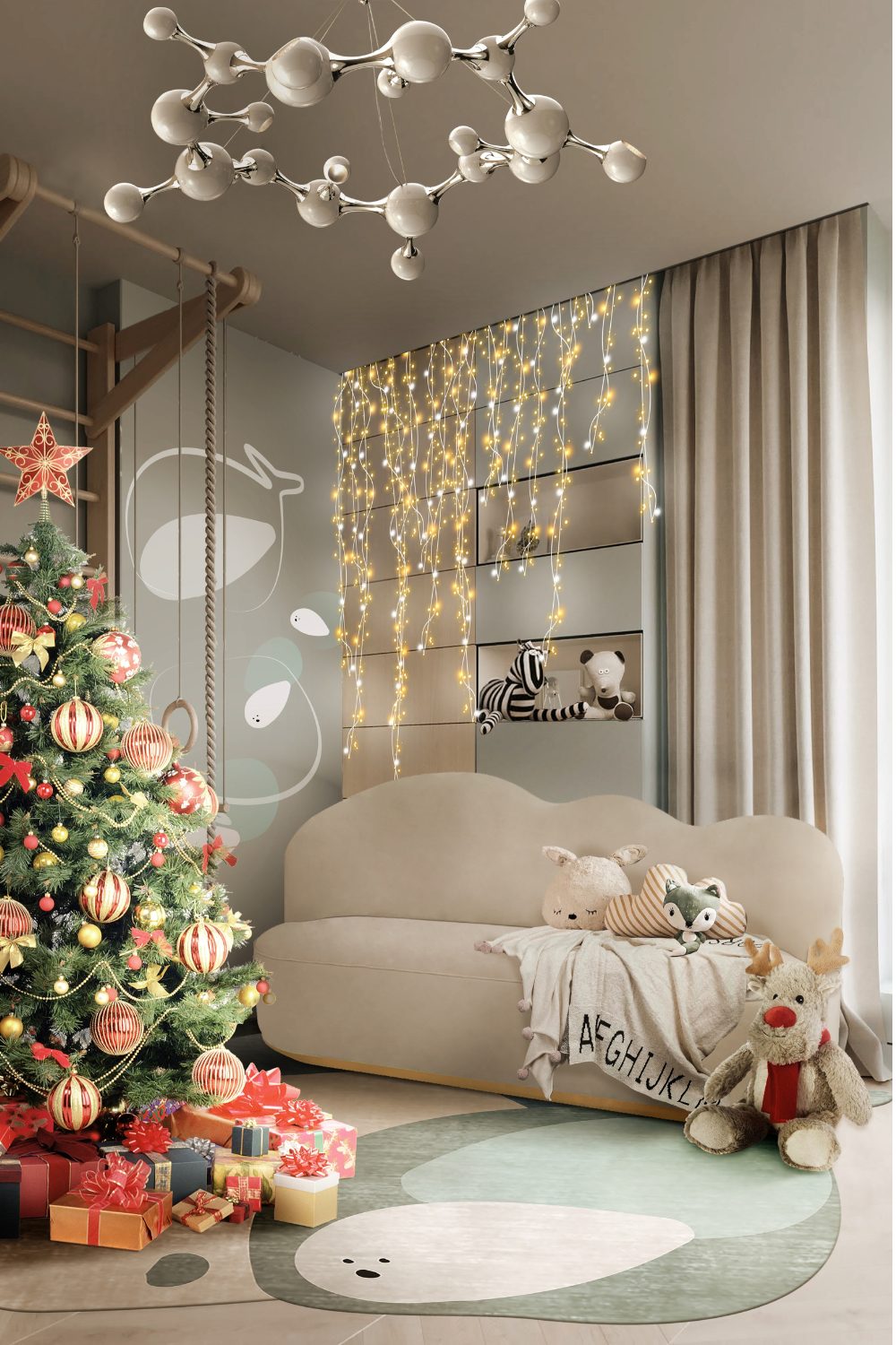 Christmas tree with red and gold ornaments in grey room with cascading gold string lights, soft toys and cloud-shaped sofa