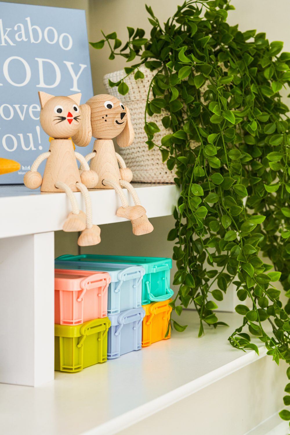 Wooden cat and dog toys sitting on a white shelving unit holding coloured storage boxes and a plant