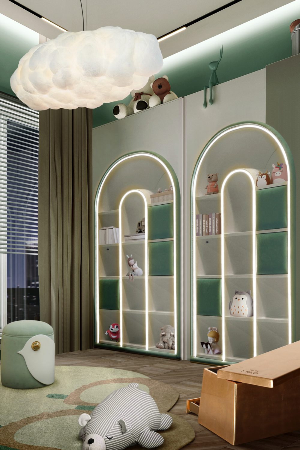 Green playroom with cloud light feature and jukebox-shaped shelves holding books and toys