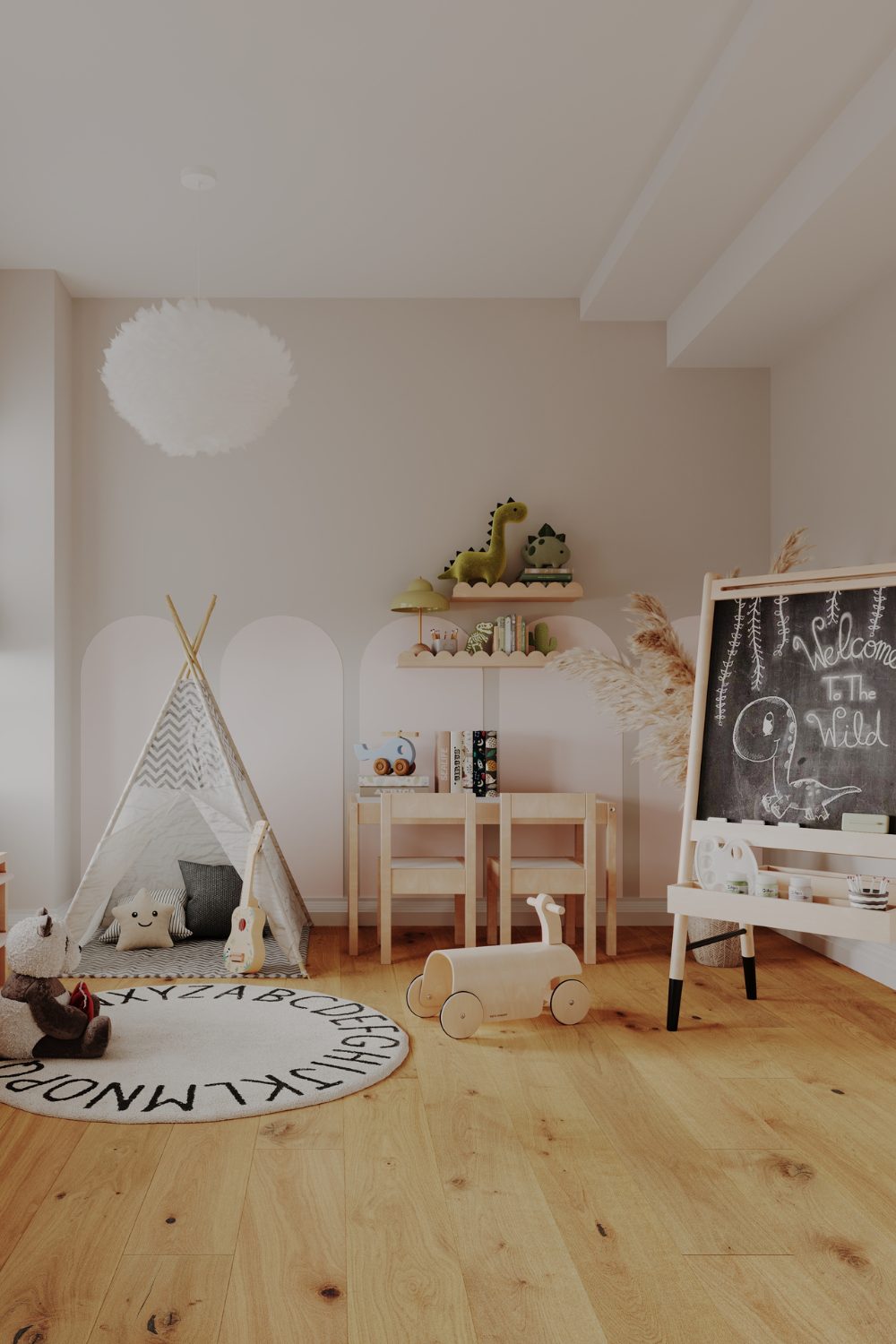 White playroom with white tepee, wooden desk, circular white rug and blackboard
