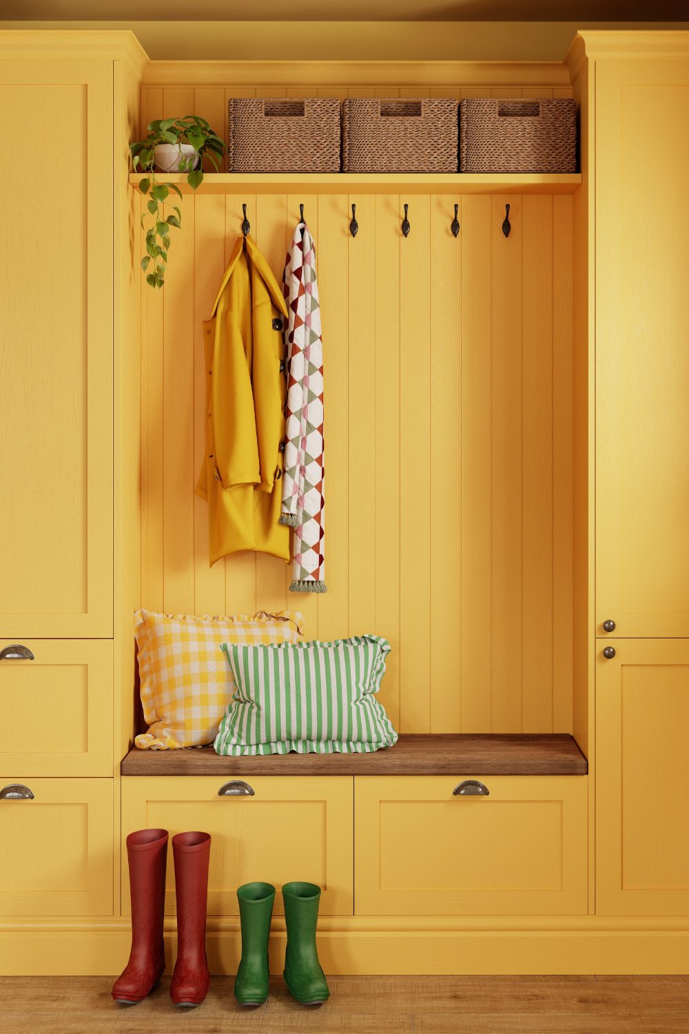 Bright yellow cupboard unit with loveseat containing patterned cushions, wellies and coats