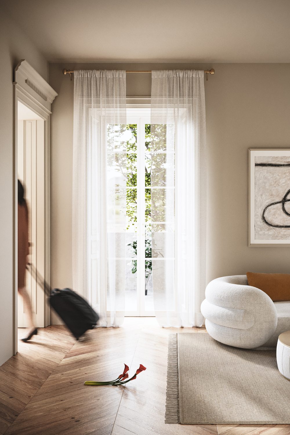 Living room in neutral tones with wood flooring, brown rug and glass doors with garden view