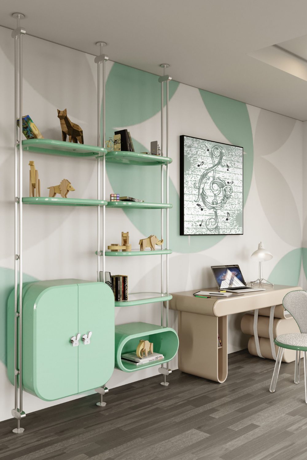 Mint green cupboard and shelving unit holding wooden animal toys next to desk and chair