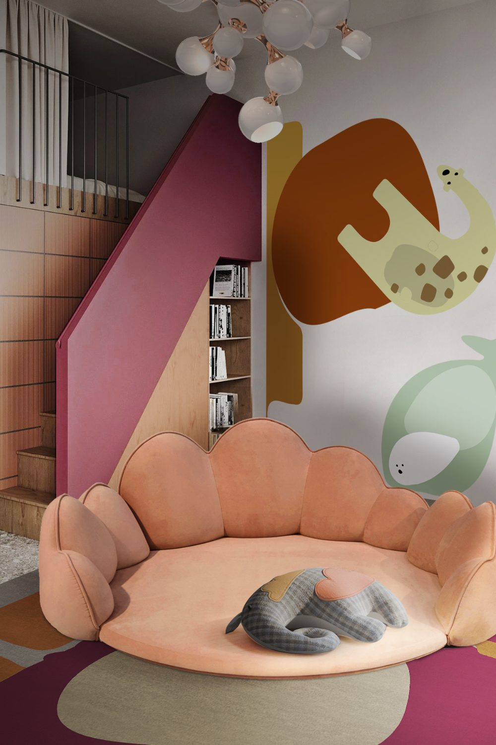 Large peach armchair on colourful rug in front of stairs with built-in bookshelf