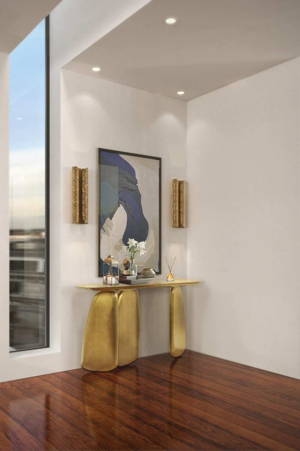 Dark brown flooring in a white hallway with gold table and a narrow floor to ceiling window
