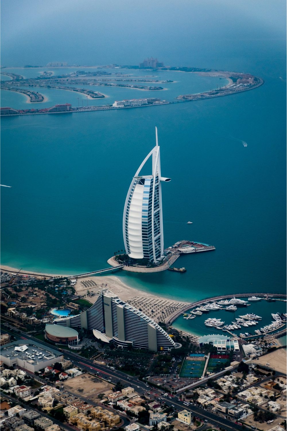 Dubai's shoreline, showing beaches, harbour and the Burj Al Arab.