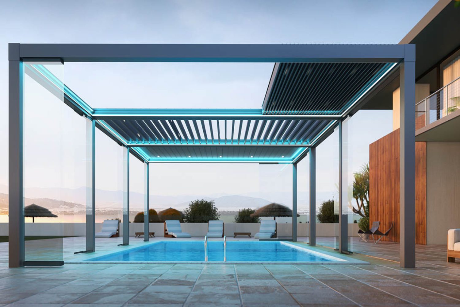 Metal pergola with retractable shades aove a pool and tiled floor