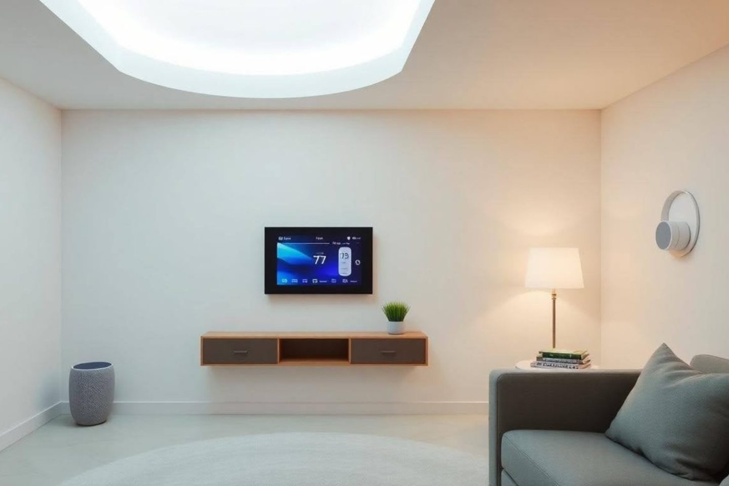 White living room with wall-mounted TV, grey sofa and smart speaker