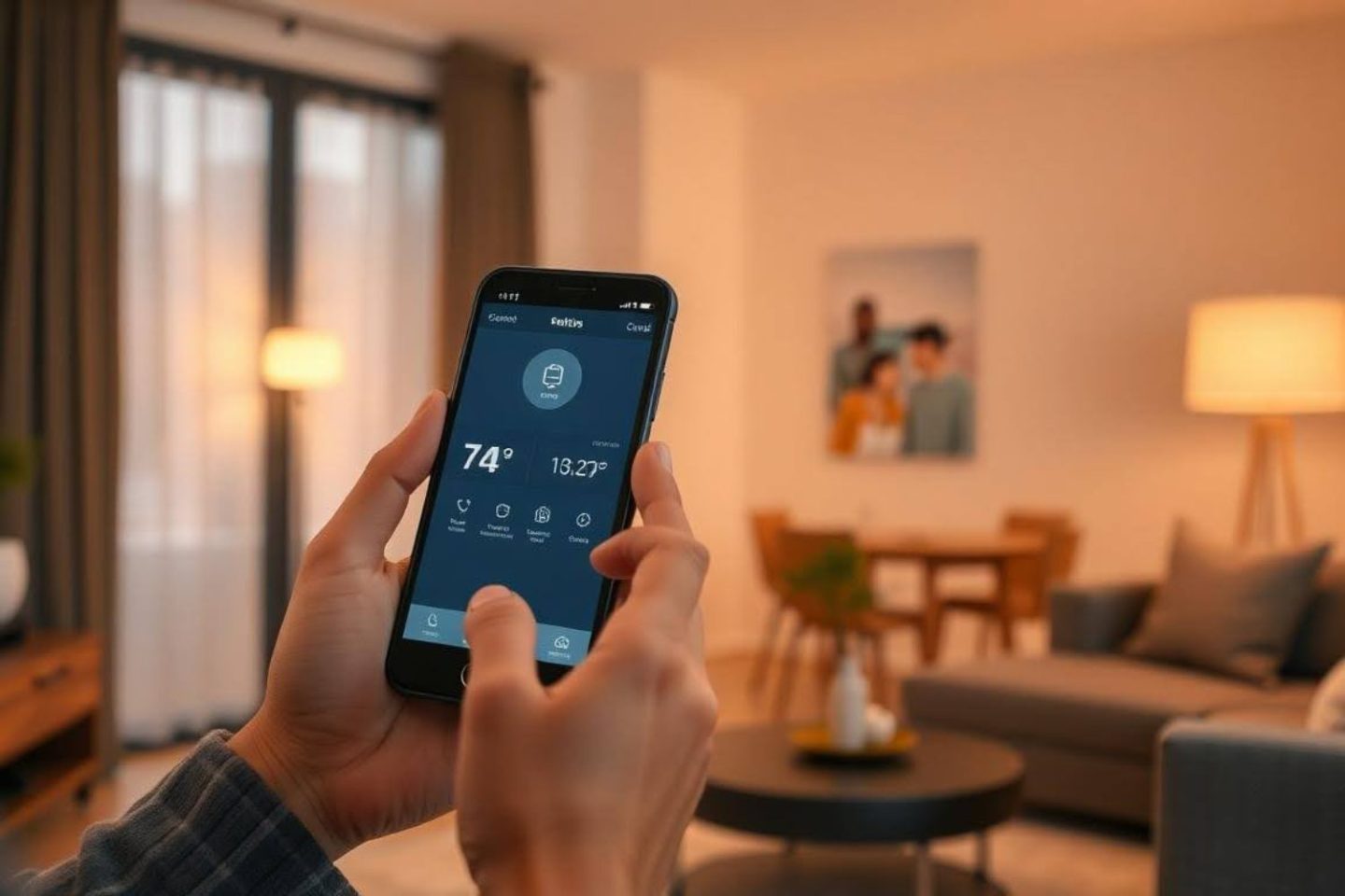 Close up of hands holding a smart phone open to a smart thermostat app with living room background