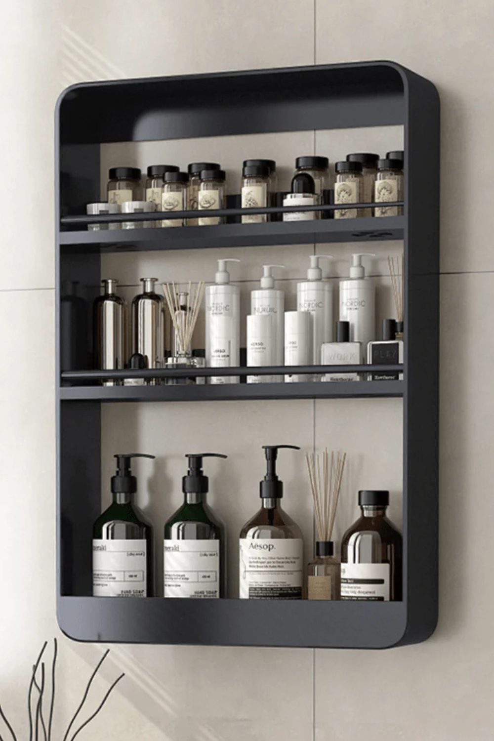 Black metal shelving unit with cosmetic bottles and jars neatly lined up