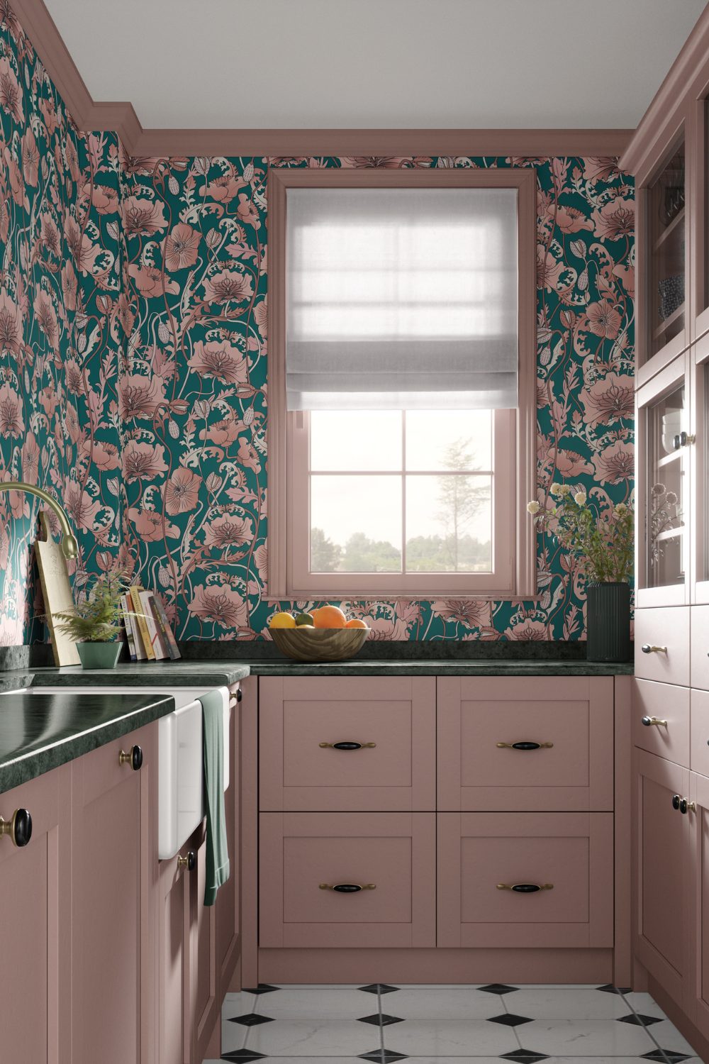 Kitchen with dusky pink cabinets and pink and teal flowered wallpaper