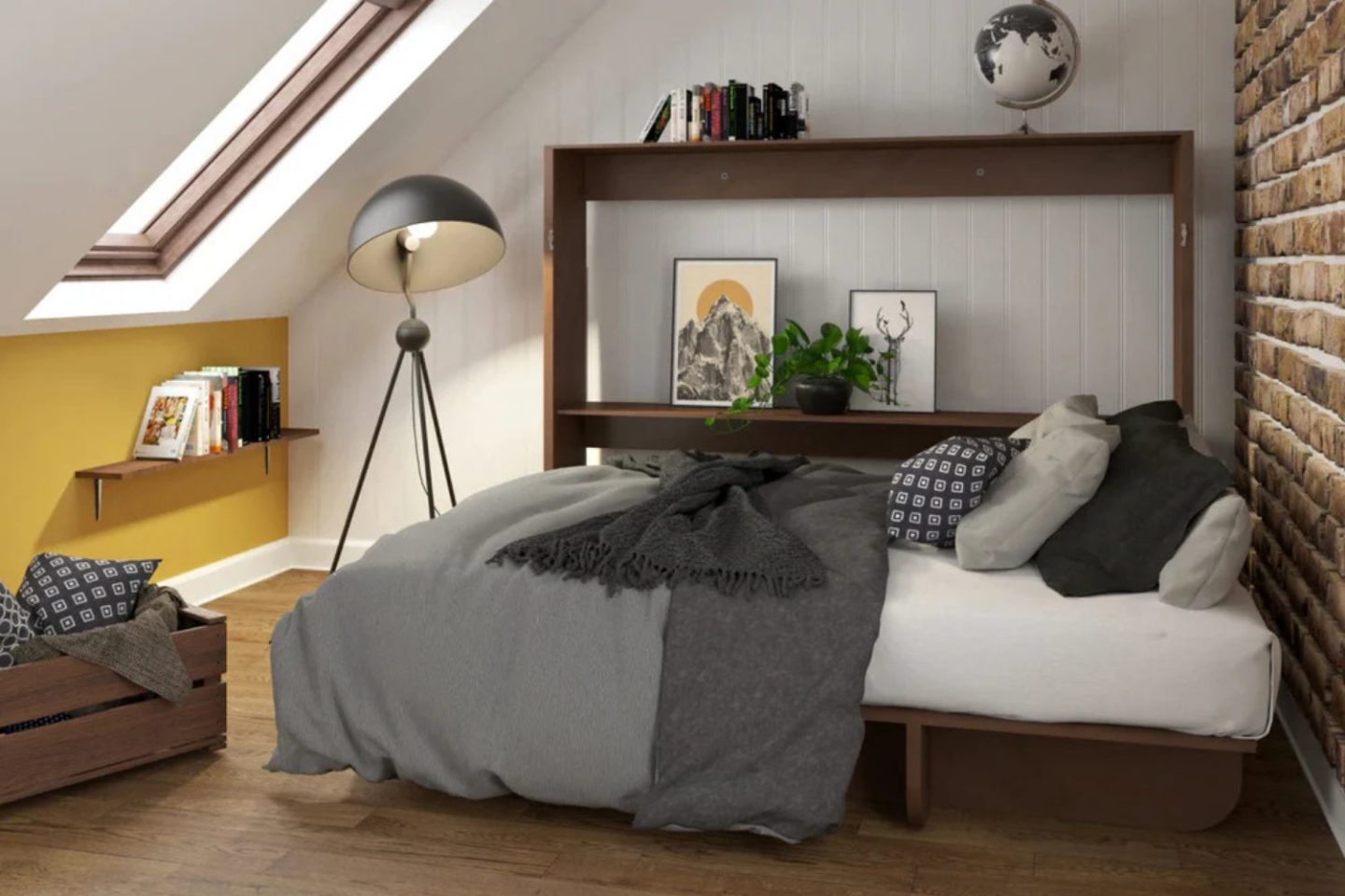 Murphy bed in yellow and white attic room with black standing lamp and framed prints on bed shelves