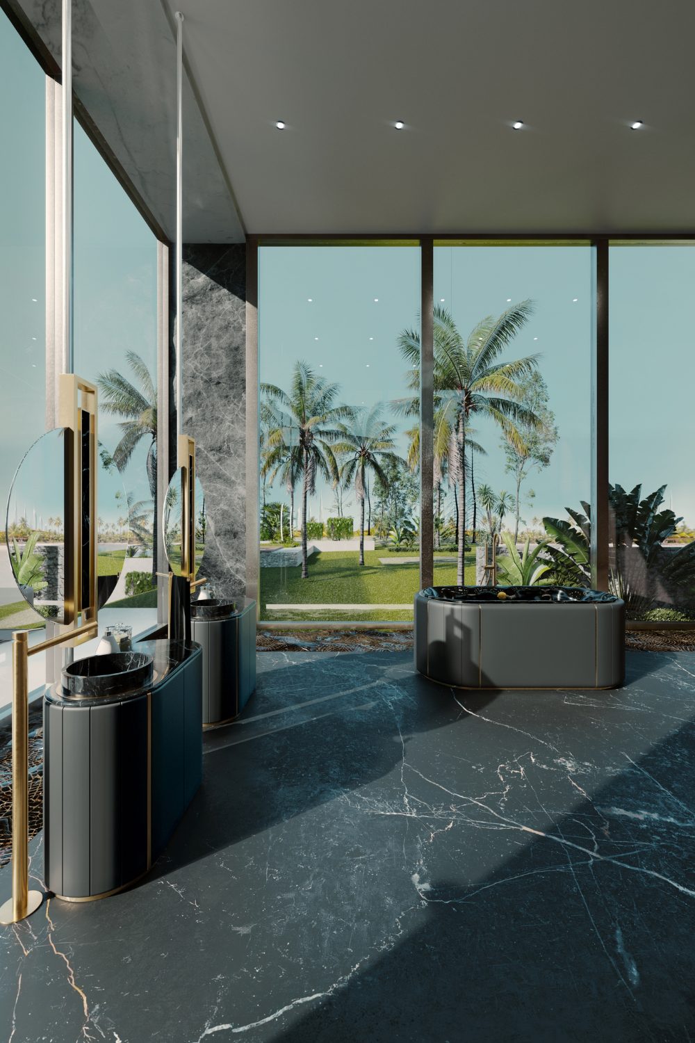 Glass-walled bathroom with views of palm trees and blue sky, dark marble flooring, black free-standing bath and gold semi-circular mirrors