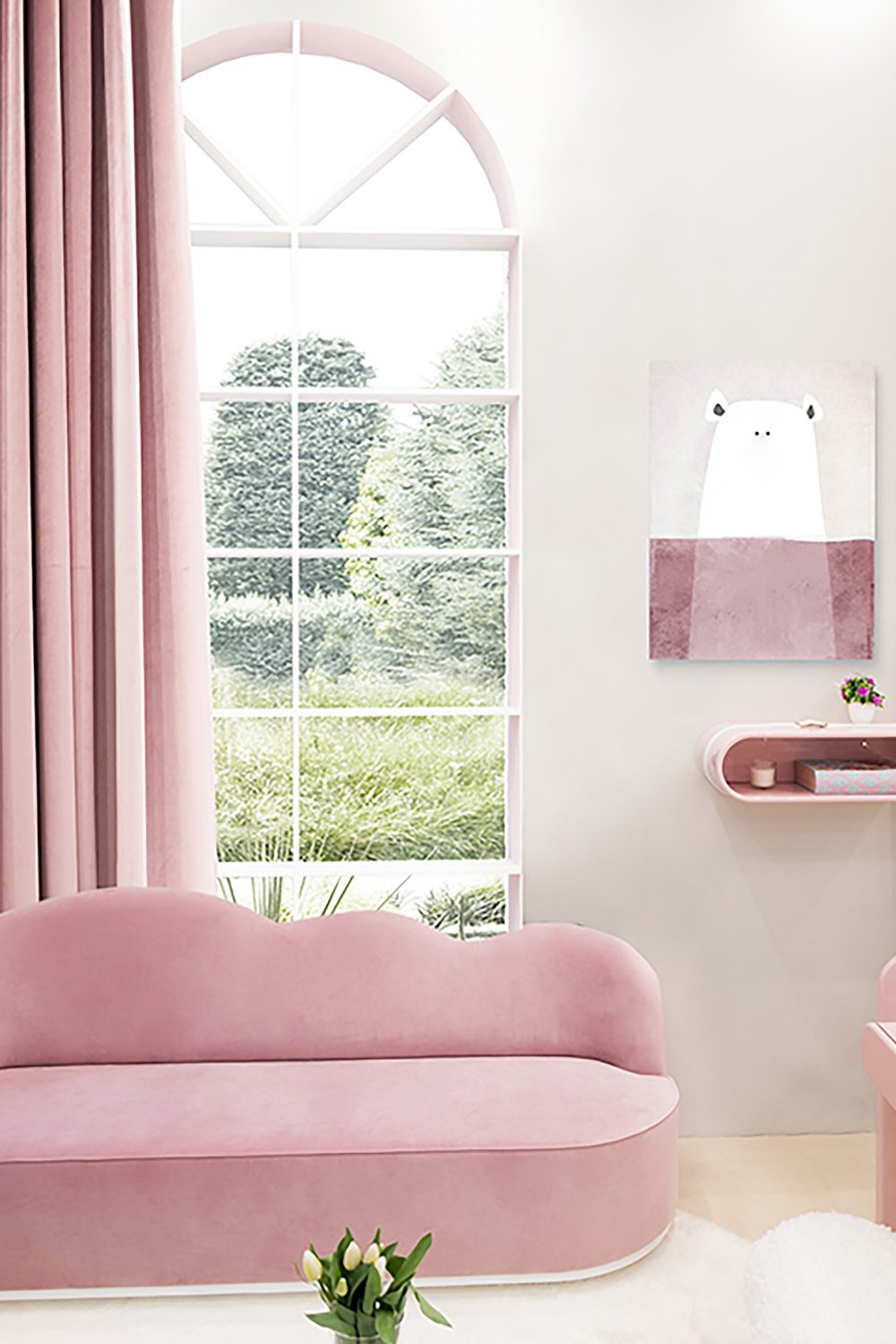 Living room with pink curtains, pink curved shelf, and pink cloud-shaped sofa