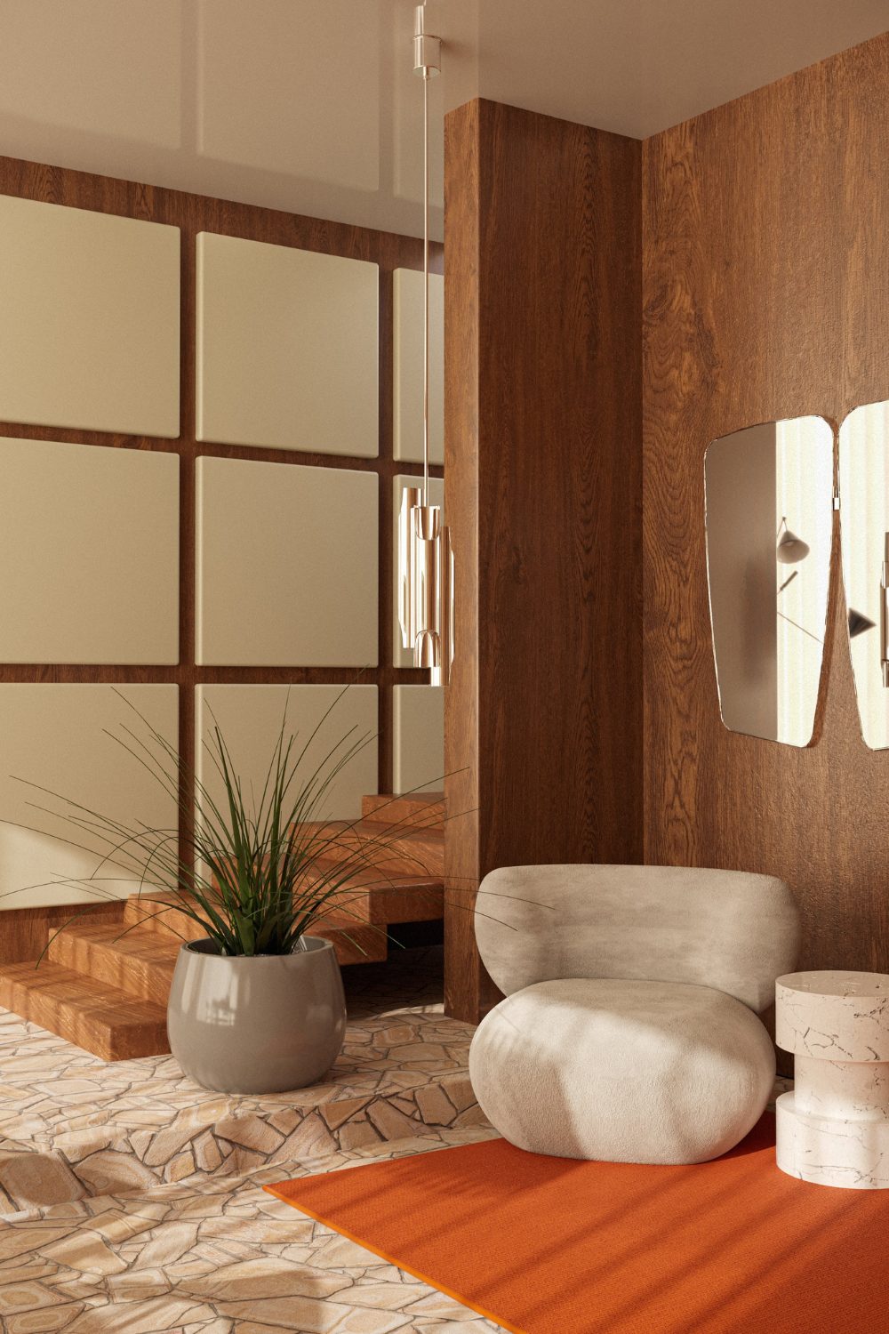 Room with stone floor, wooden and white-panelled wall, orange rug, grey pot plant and round stone chair
