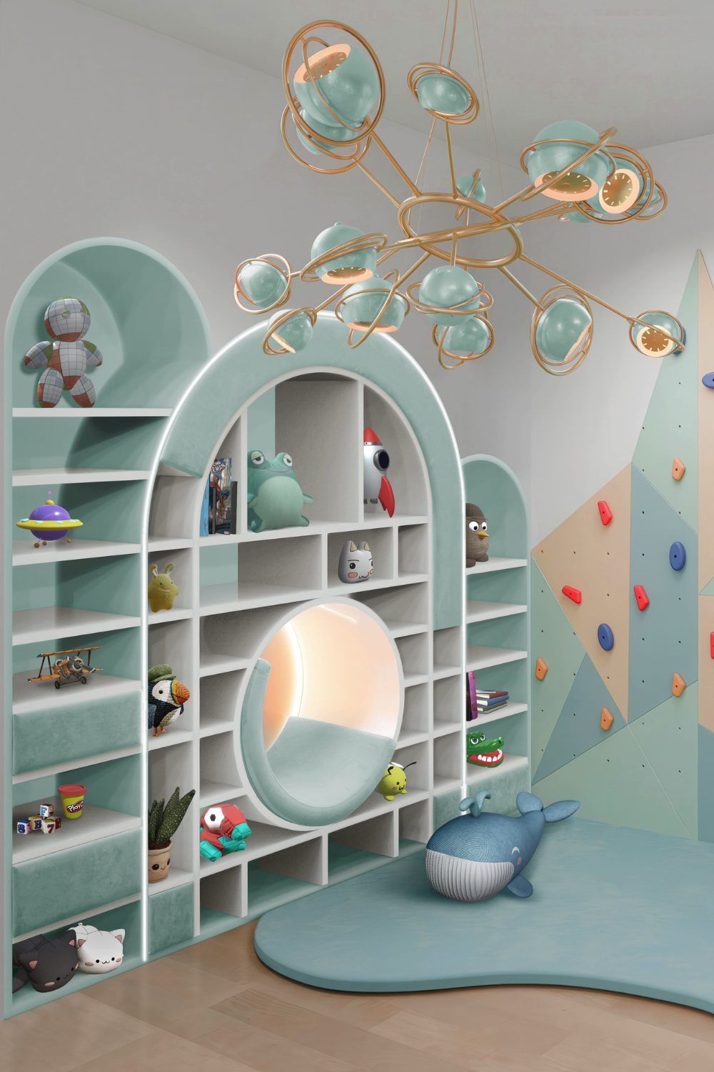 Child's room with large aqua shelving unit with various toys, statement aqua and gold light, and climbing wall 