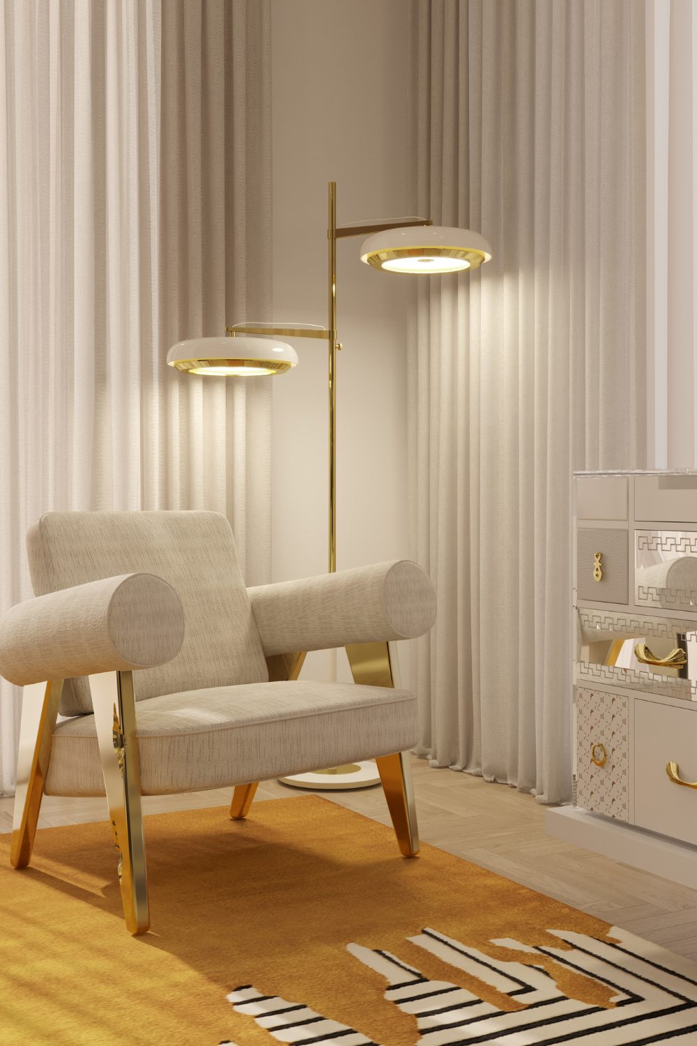 White and gold armchair on orange rug next to white and gold lamp on wooden floor
