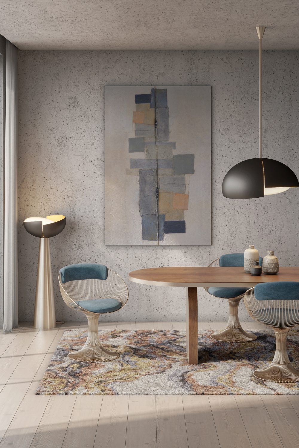 Dining room with wooden floor and table, gold and blue chairs, abstract print, and statement black lamps