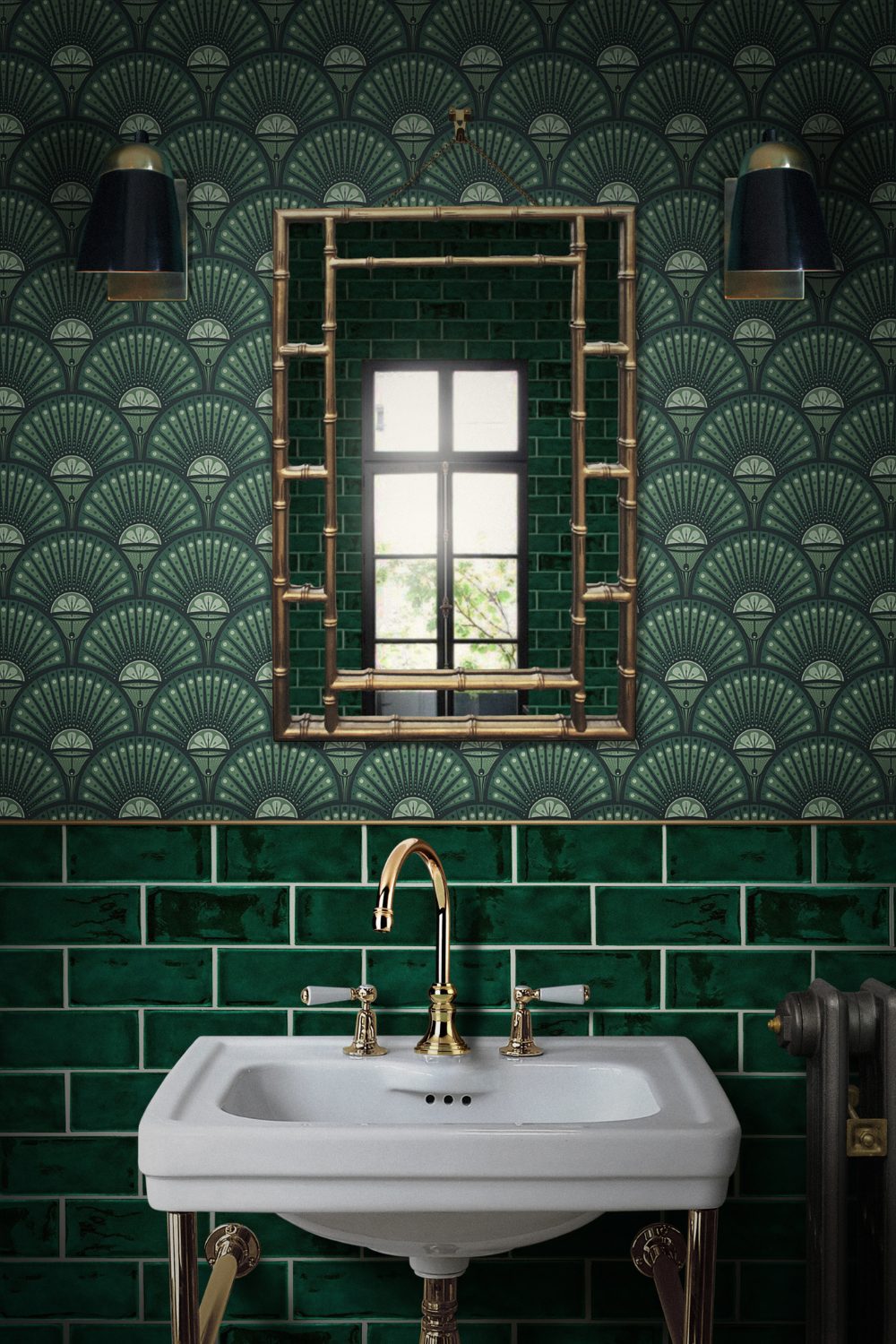 Dark green tiled bathroom with white sink, gold bamboo mirror, and green art deco wallpaper