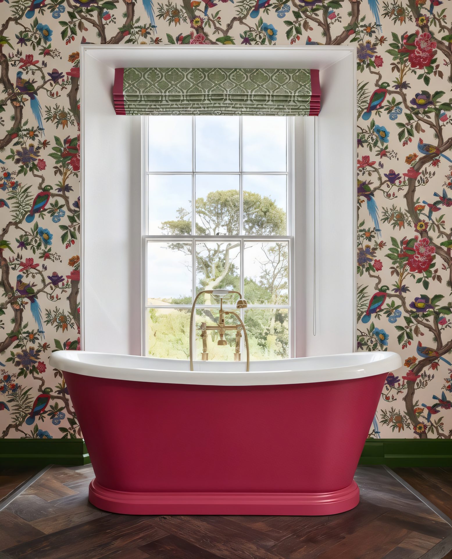 Pink free-standing bath in front of patterned wallpaper and window with garden view
