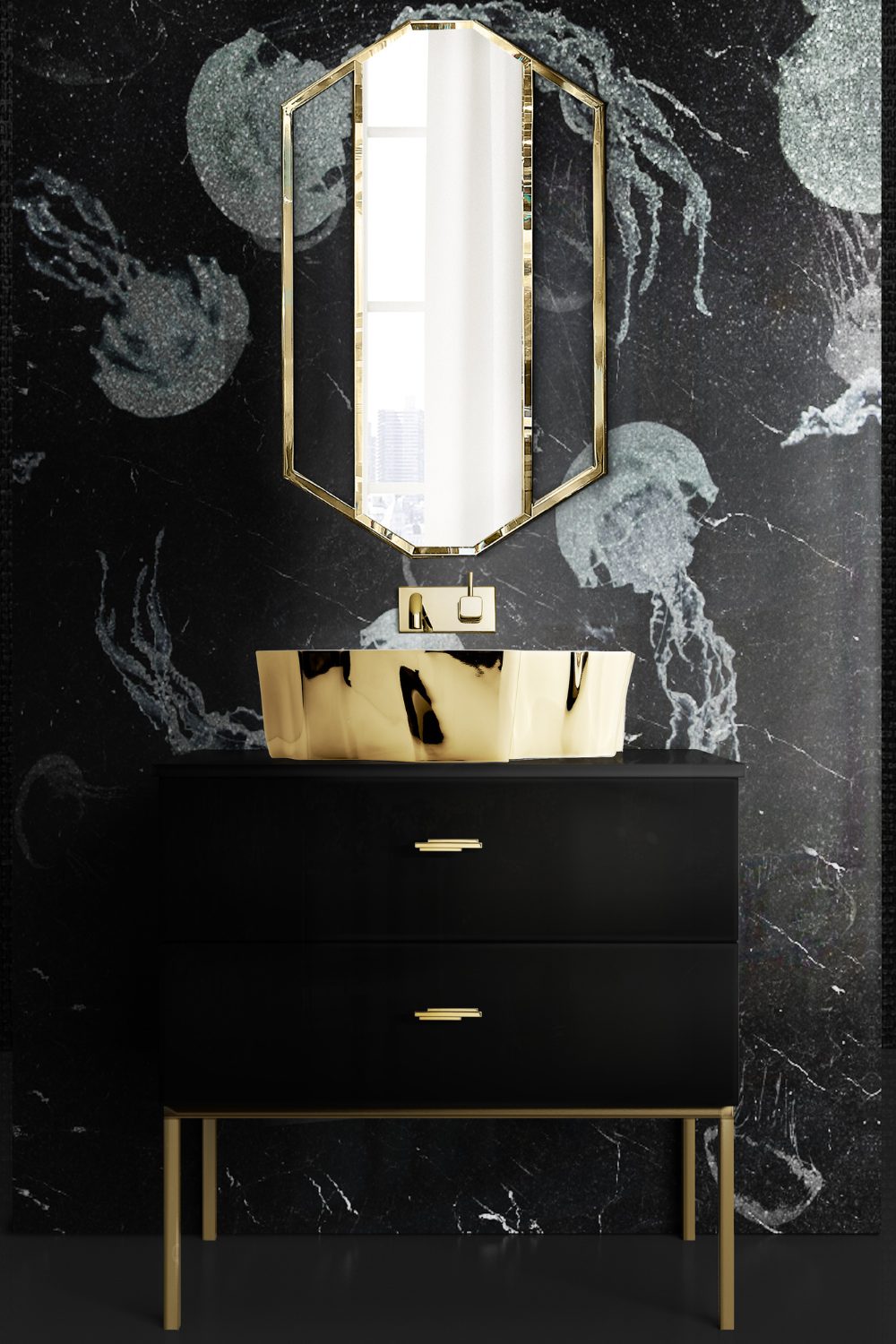 Gold sink and mirror in black bathroom with black and white jellyfish print walls