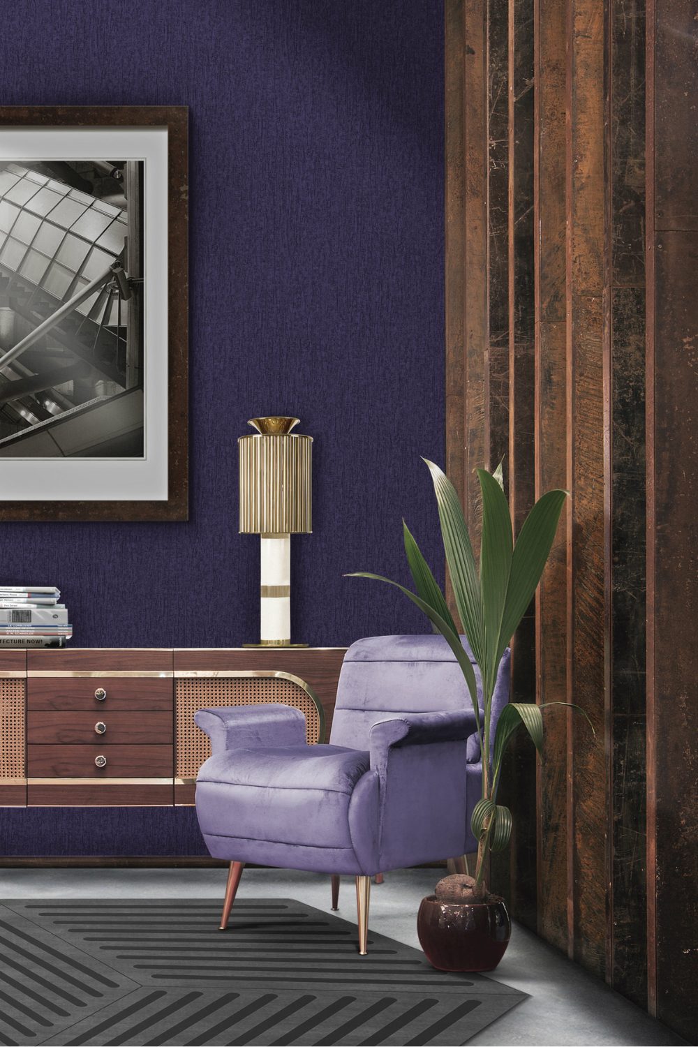 Purple armchair on grey rug in front of wooden cabinet in living room with purple and wooden walls