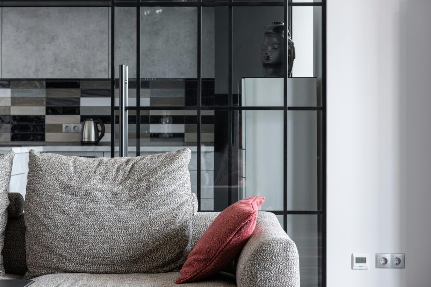 Grey sofa with red cushion in front of a grey kitchen separated by a black steel and glass door