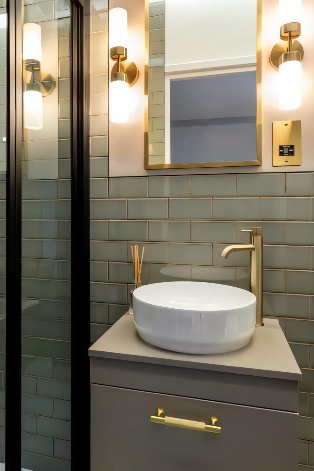 Grey cabinet and white sink below gold mirror and lights in grey tiled bathroom