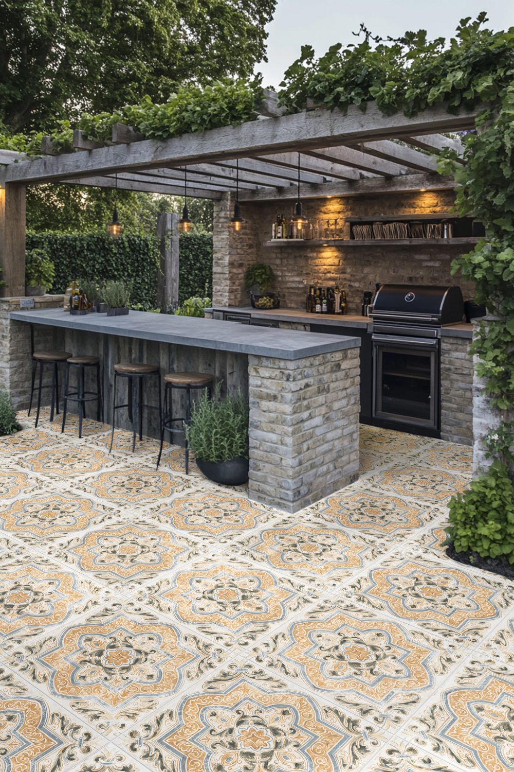 Tiled patio with brick and slate outdoor kitchen with wooden beams and hanging lamps