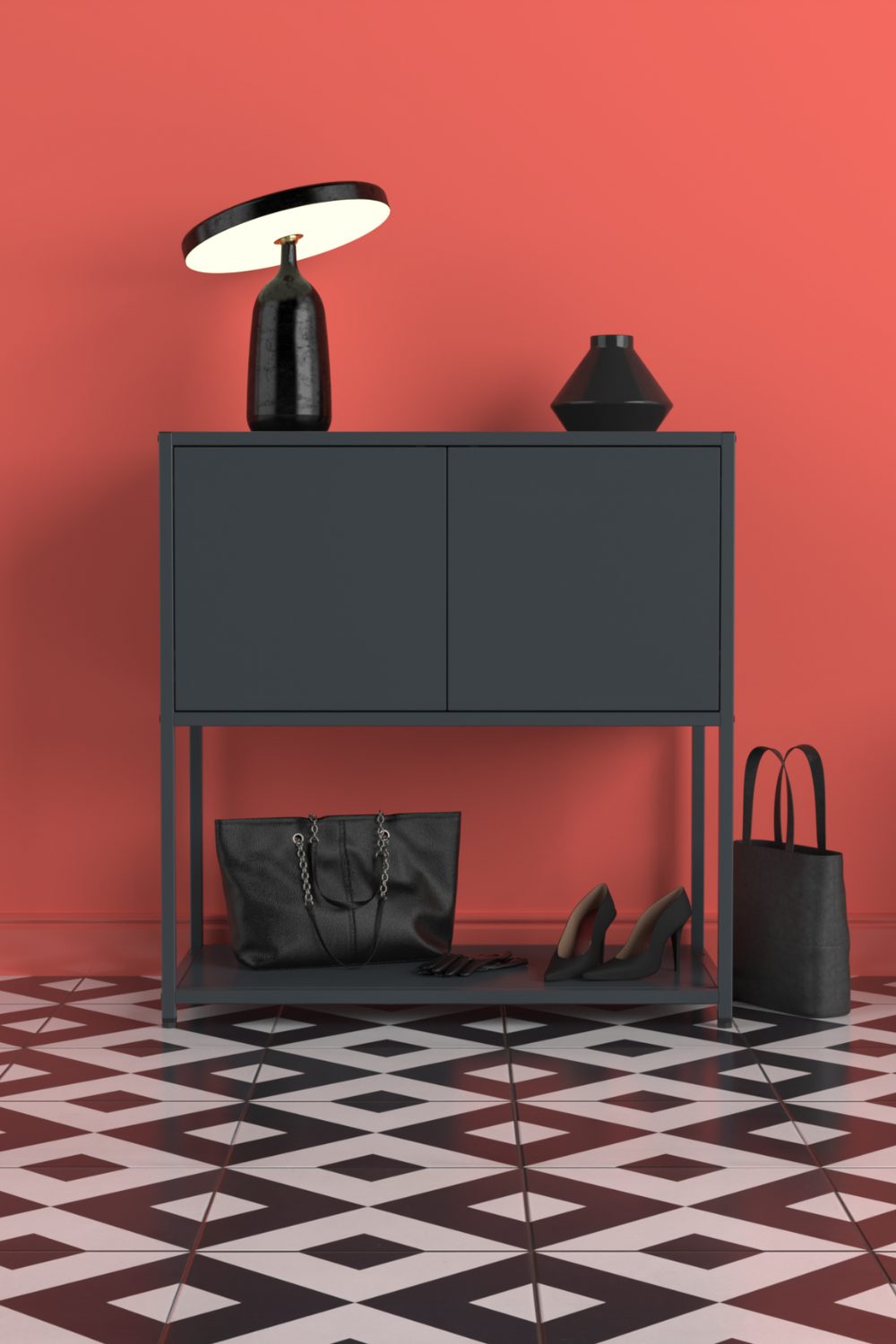 Black cabinet against a red wall holding black shoes and handbag, on a black and white tiled floor