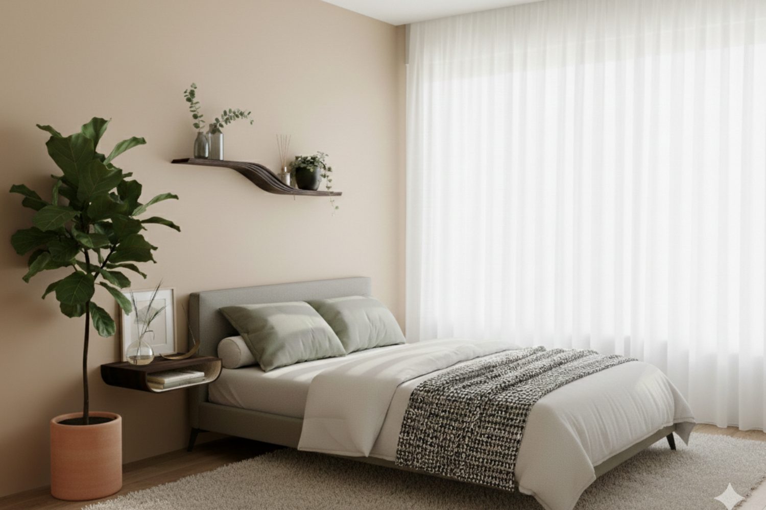 Grey bed and potted tree below curved floating wooden shelf 