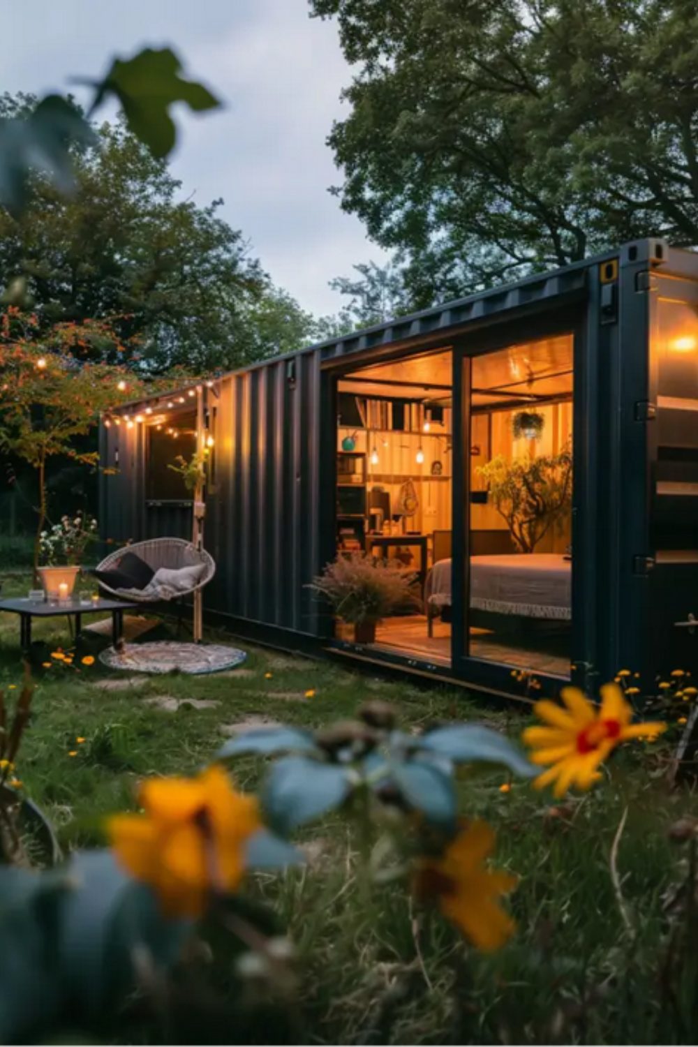 Container cabin in garden holding warmly-lit bedroom