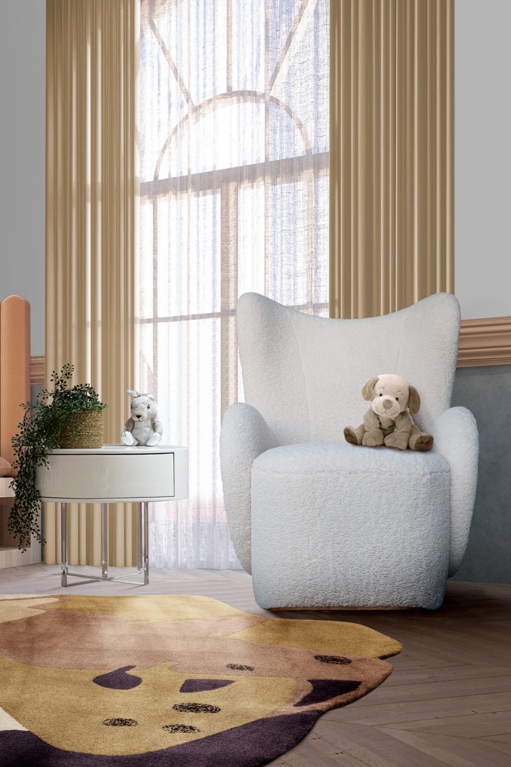 Curved white armchair with toy dog next to curved white table on brown patterned rug