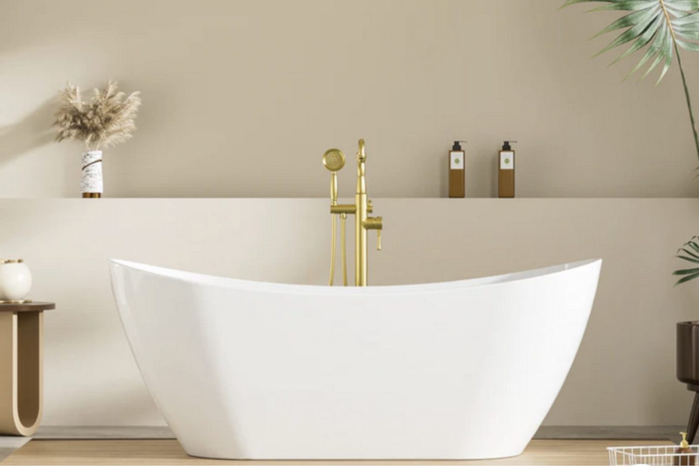 White free-standing bath with gold taps on wooden floor with bottles and vases in background