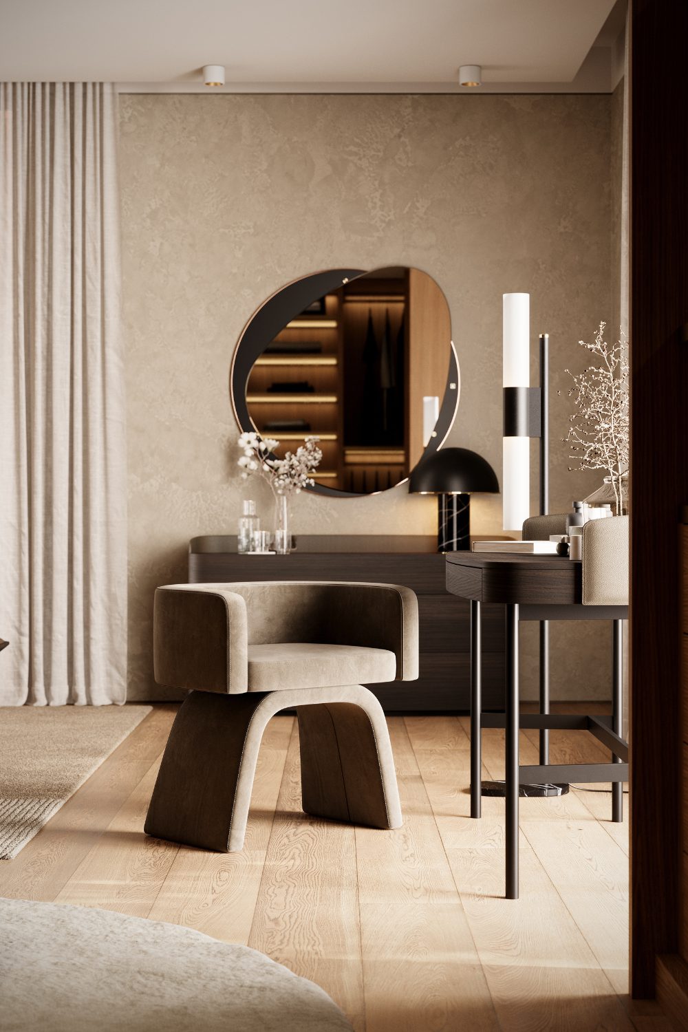 Curved brown chair on wooden floor next to wooden desk and mirror