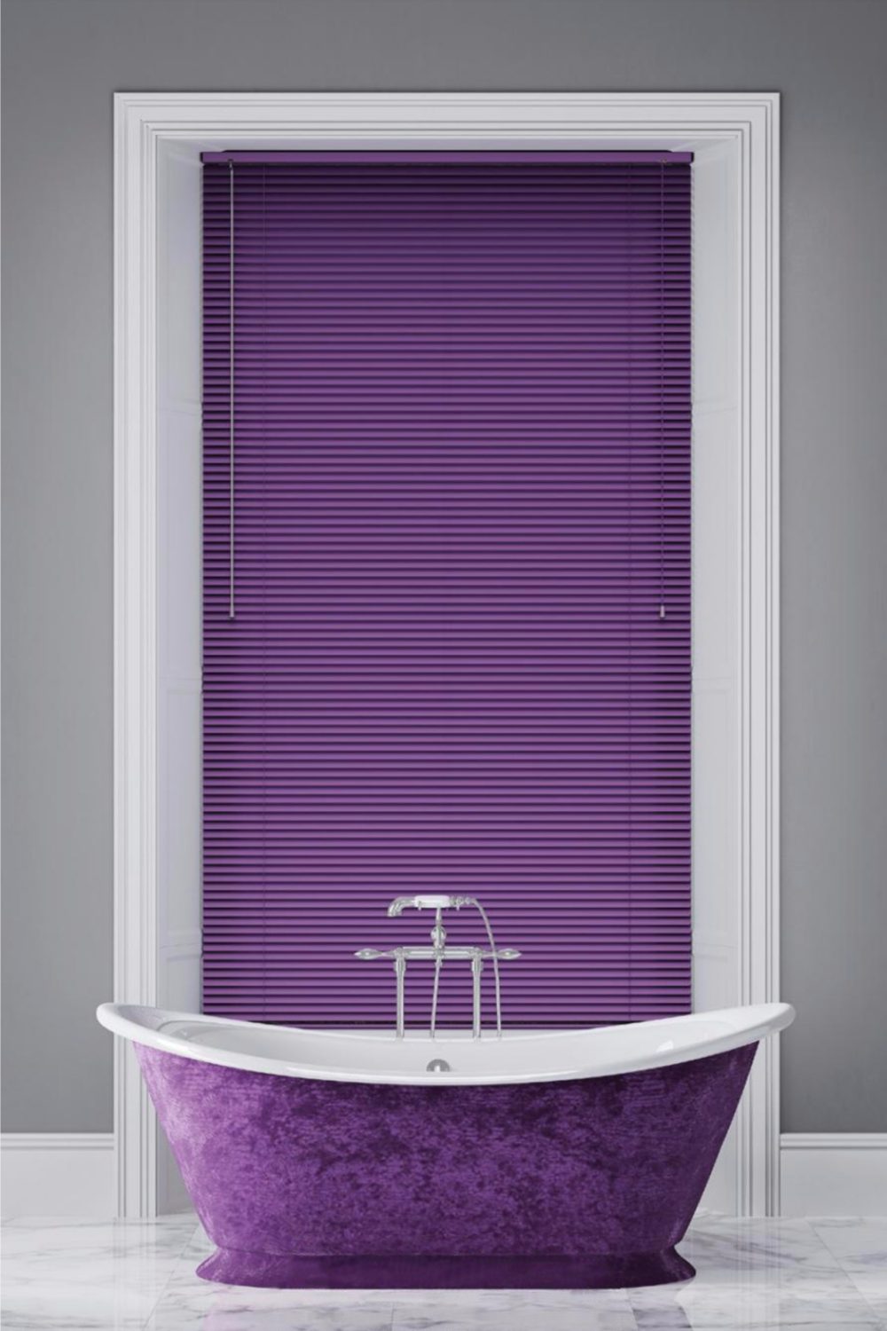 Purple free-standing bath in front of tall window with purple blind