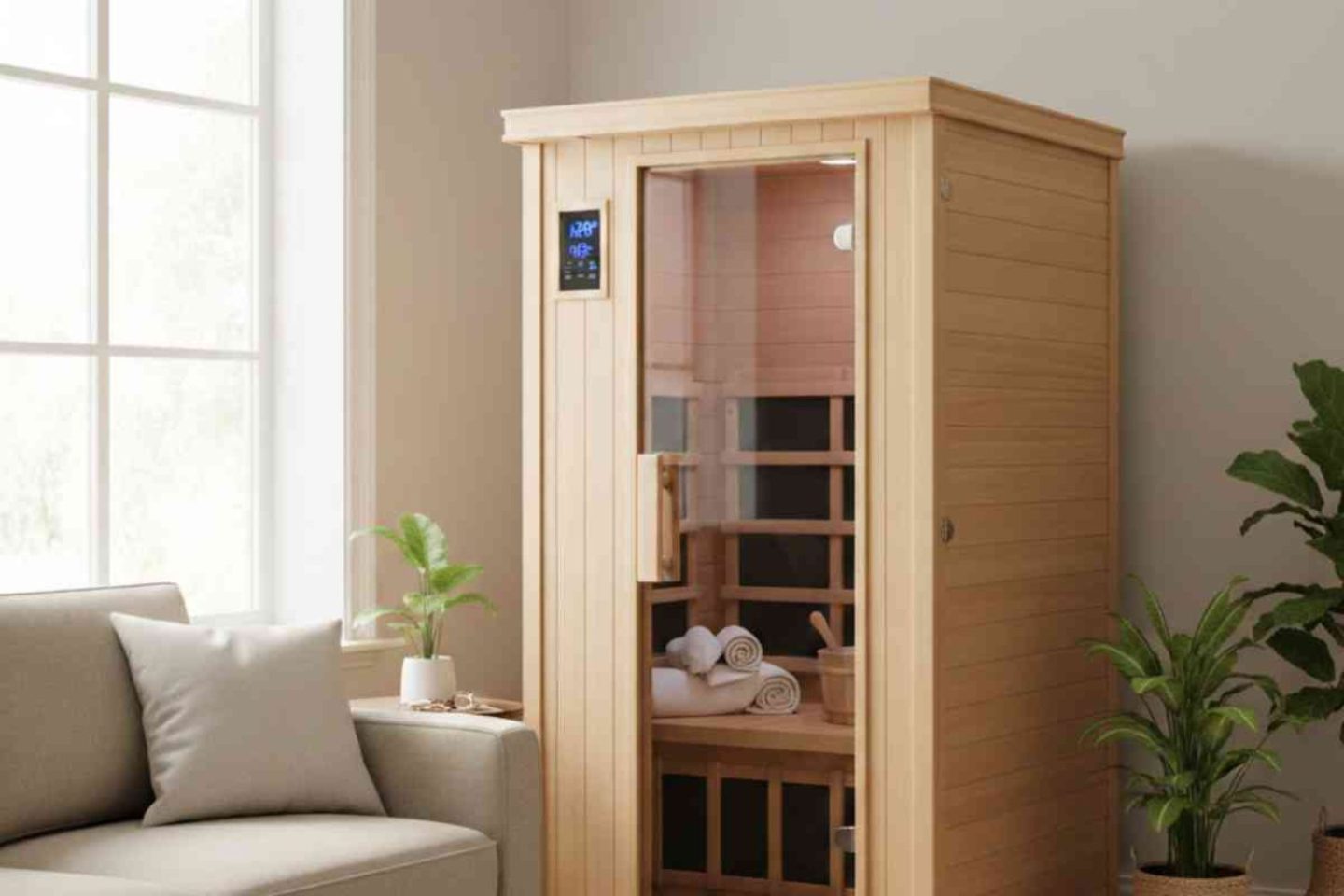 Freestanding wooden box sauna in white living room with beige sofa and potted plants