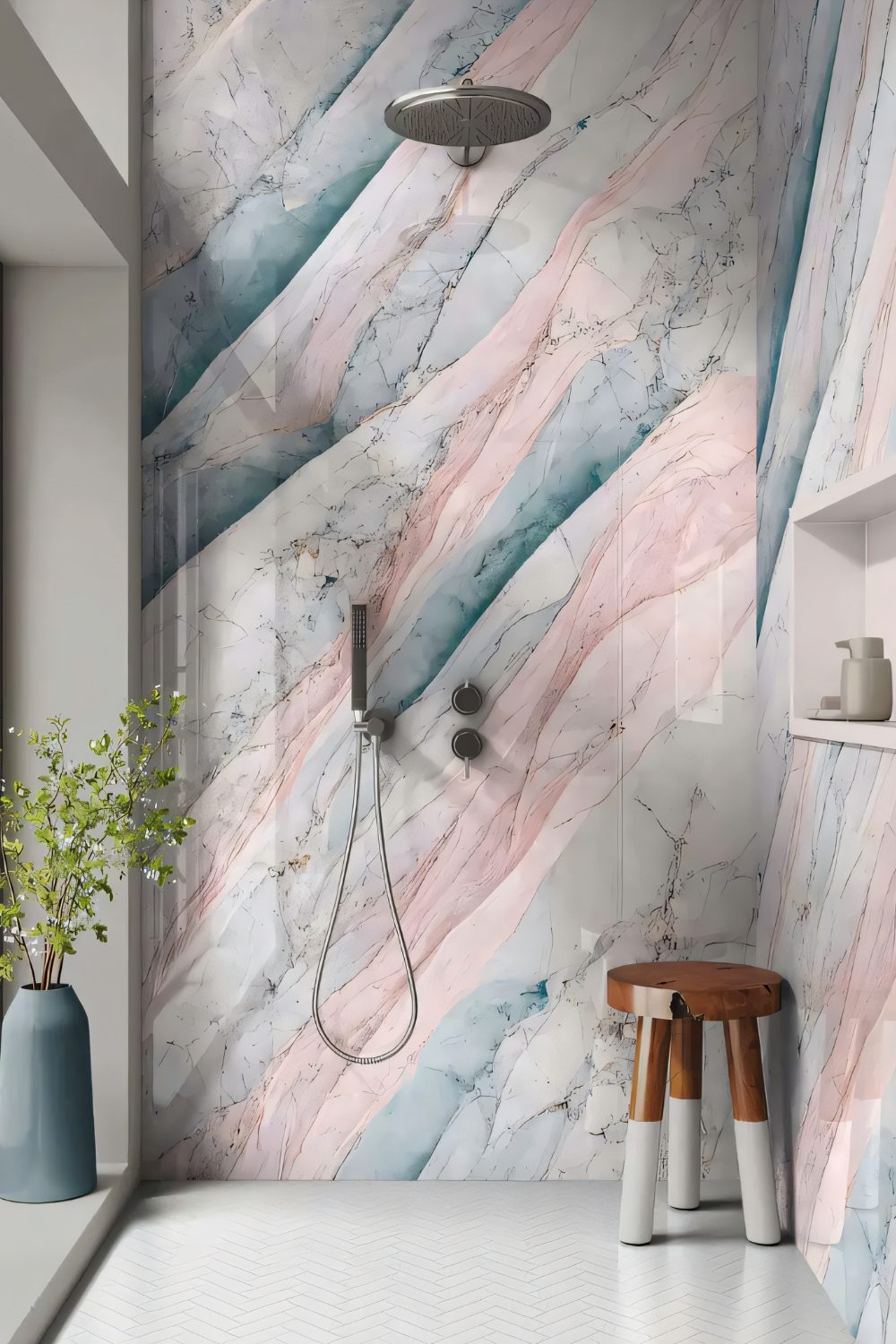 Blue and pink marbled shower cubicle with built-in shelf, wooden stool and blue vase holding green branches