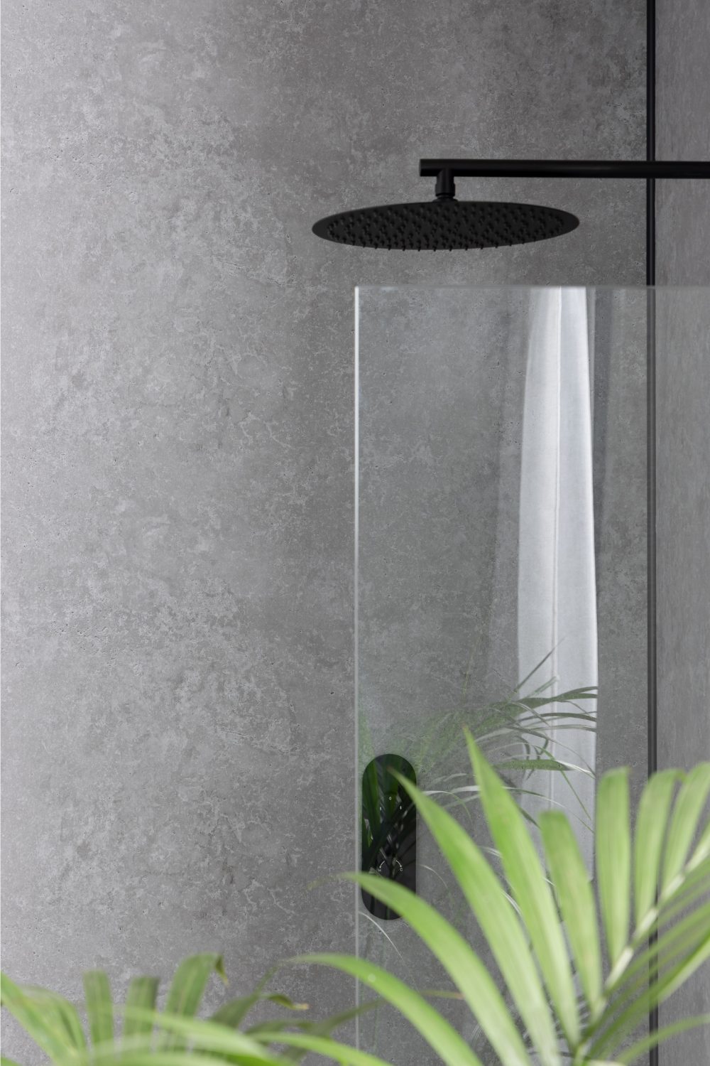 Black showerhead behind glass panel with plant in foreground