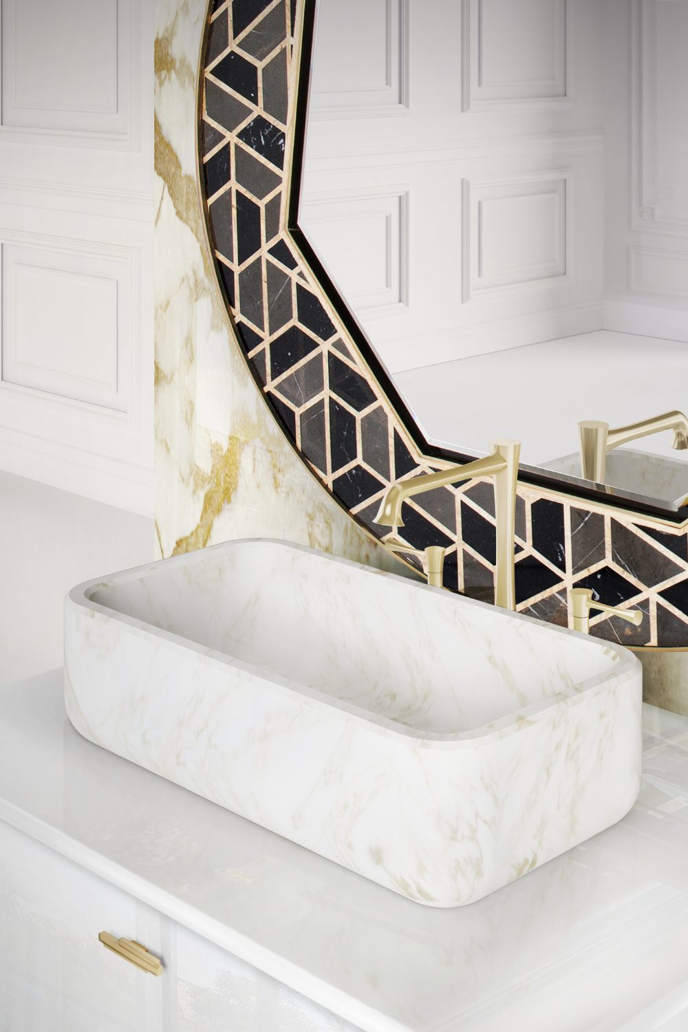White marble sink with gold taps below a black and gold patterned mirror