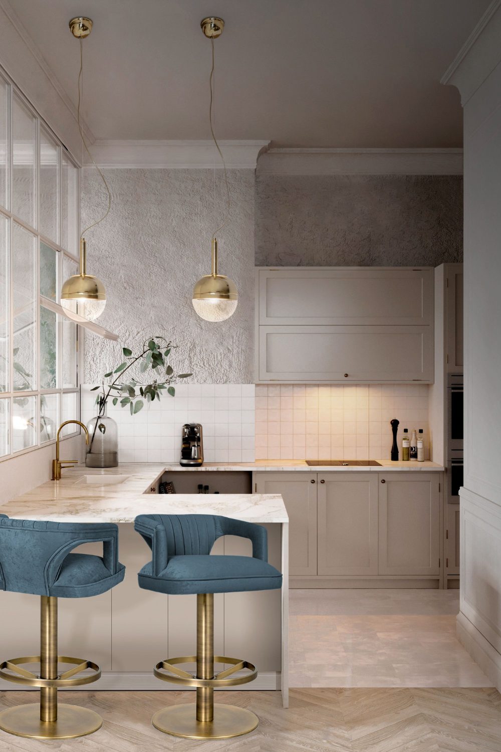 Kitchen with grey walls, white tiles, marble counters and blue stools