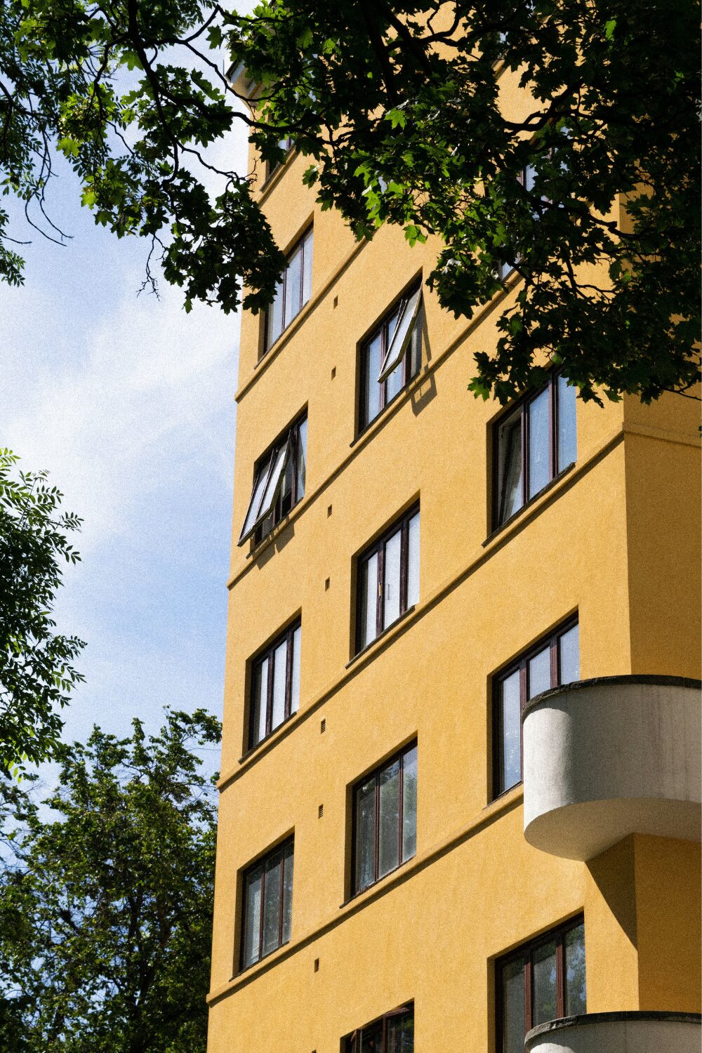 Yellow block of flats against tree and blue sky