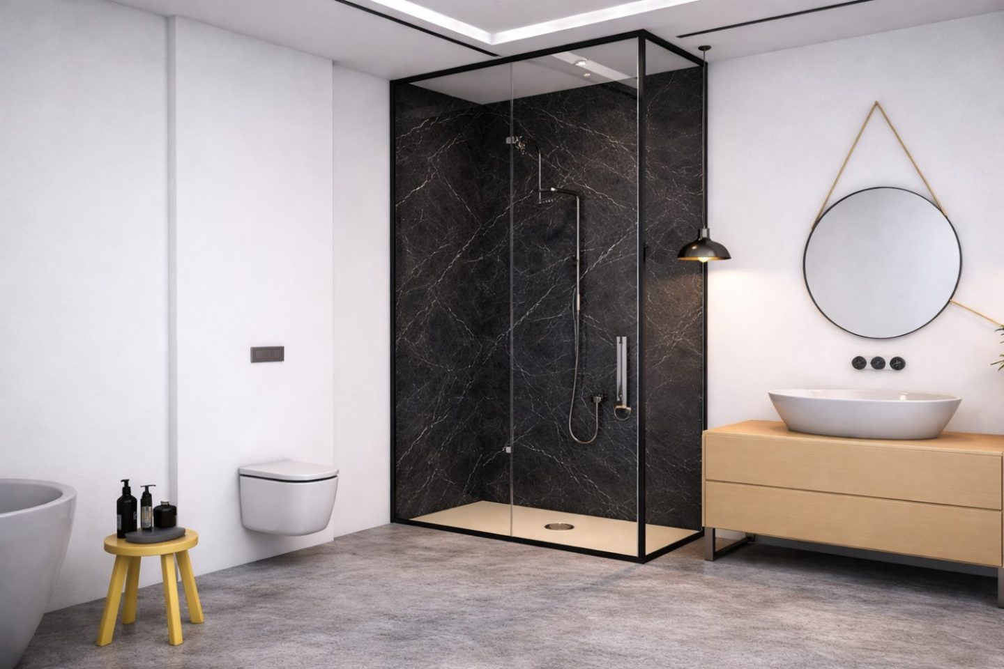White bathroom with dark tiled shower, round mirror and wooden sink cabinet