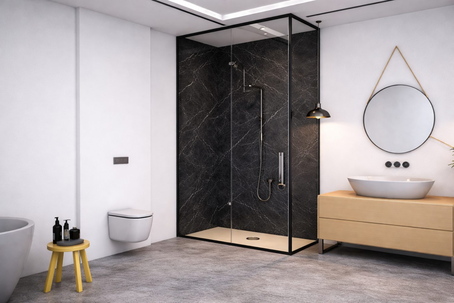 White bathroom with dark tiled shower, round mirror and wooden sink cabinet