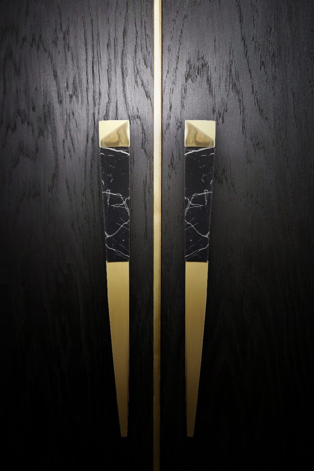 Black wood door with gold and black handles