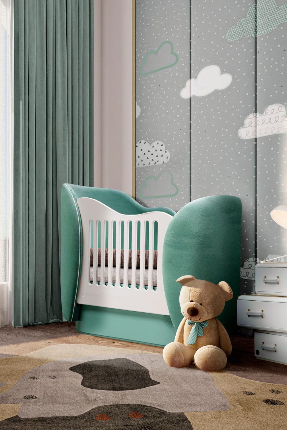 Nursery room with teddy, cloud mural on wall and turquoise sculptural cot