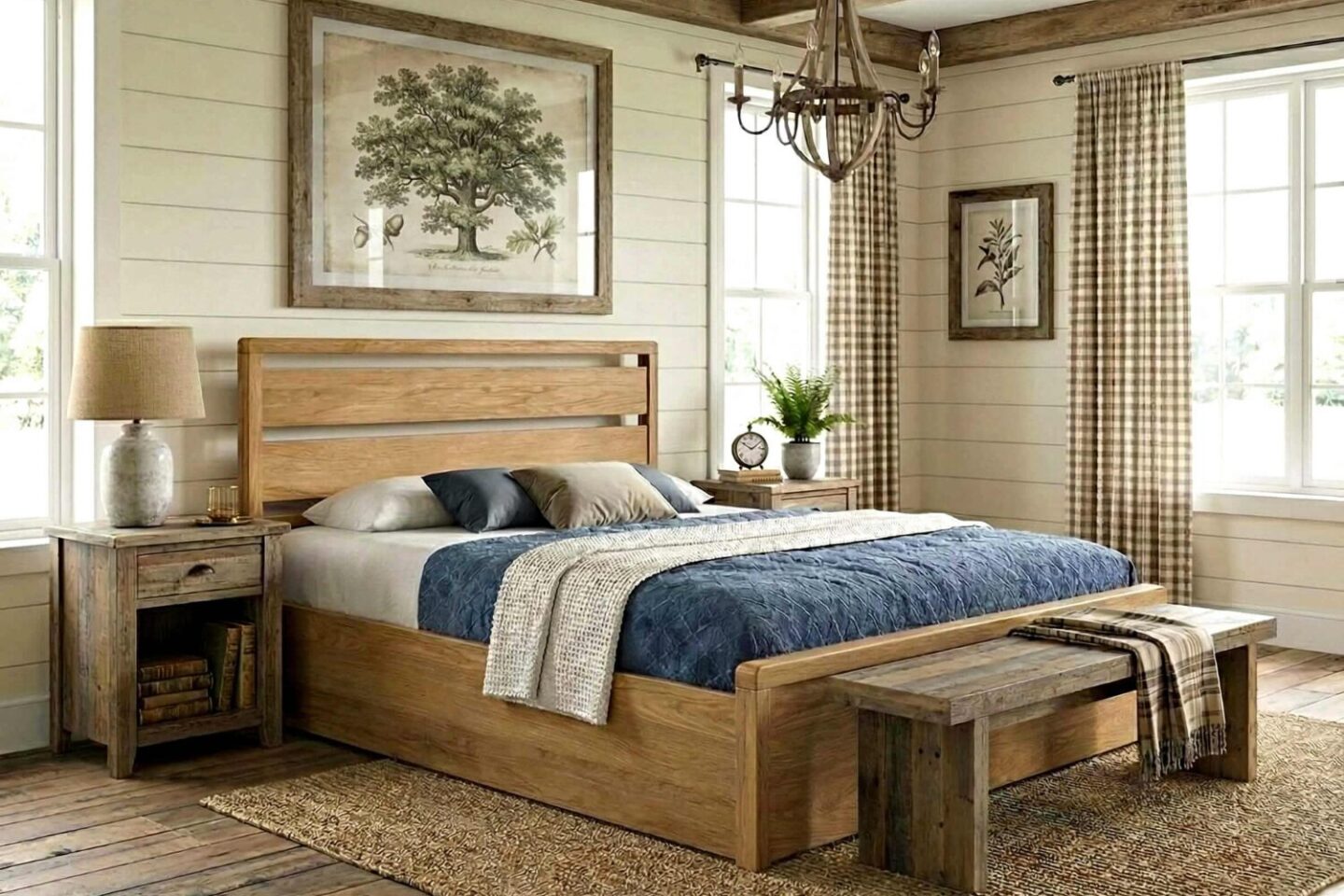Wooden bed in white bedroom with checked curtains, chandelier and grey rug