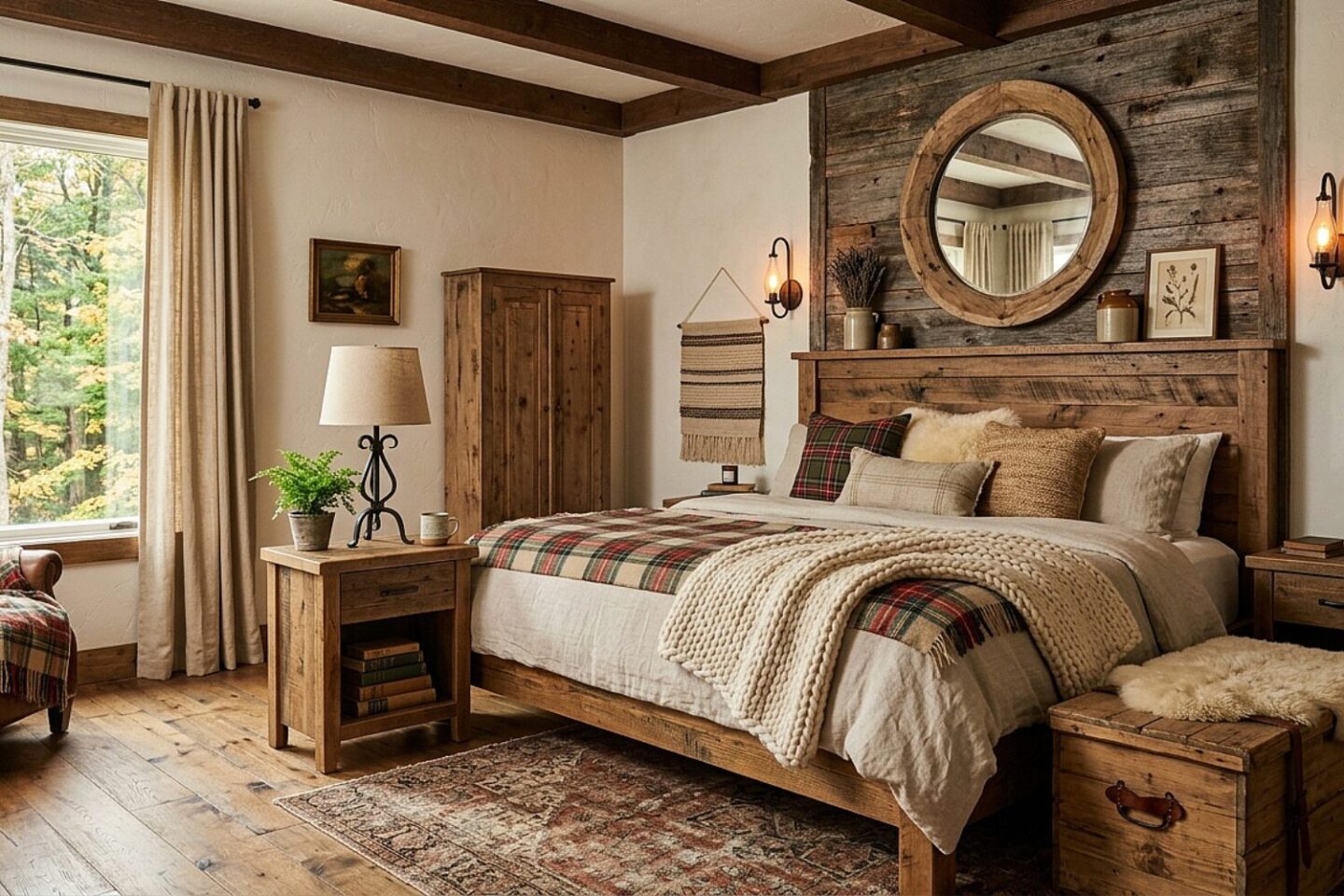 White bedroom with round mirror, woollen throws, and wooden bed, wardrobe, feature wall and table, 