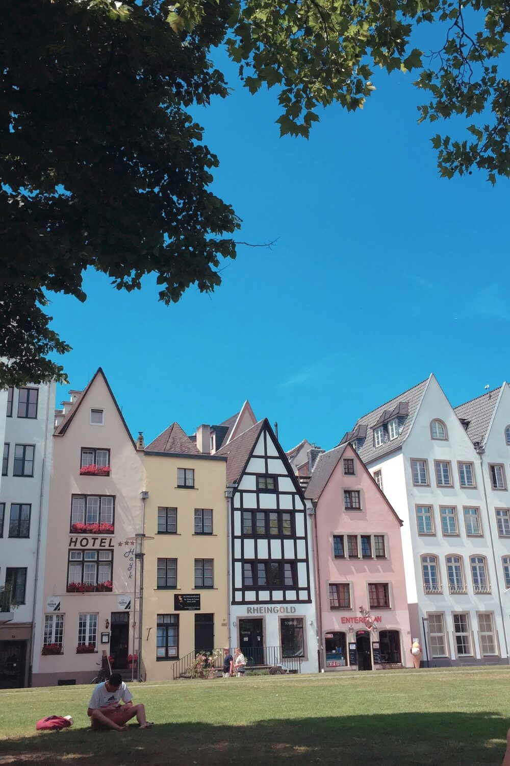 Row of colourful medieval houses against blue sky with green in front